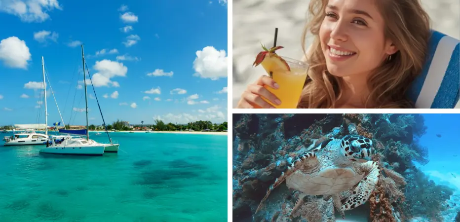 A triad of wakeboarding alternatives - catamarans in the bay, lady with rum punch on the beach, and a sea turtle swimming over a shipwreck