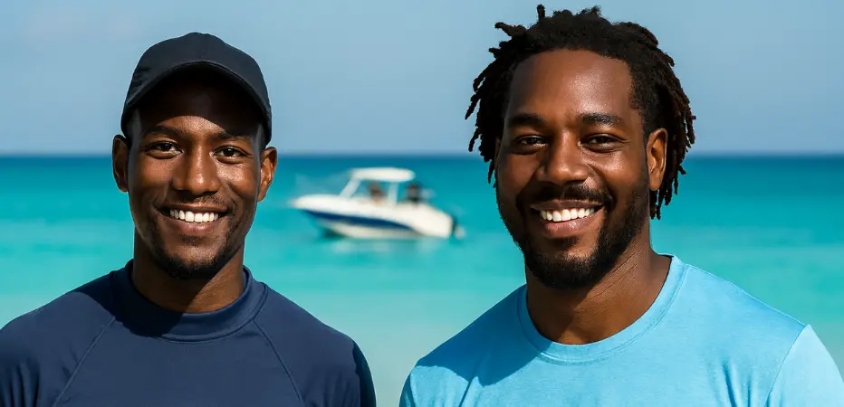 Two smiling watersports operators