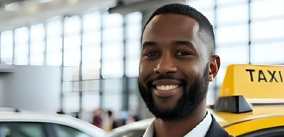 A friendly smiling taxi driver waiting to greet guests