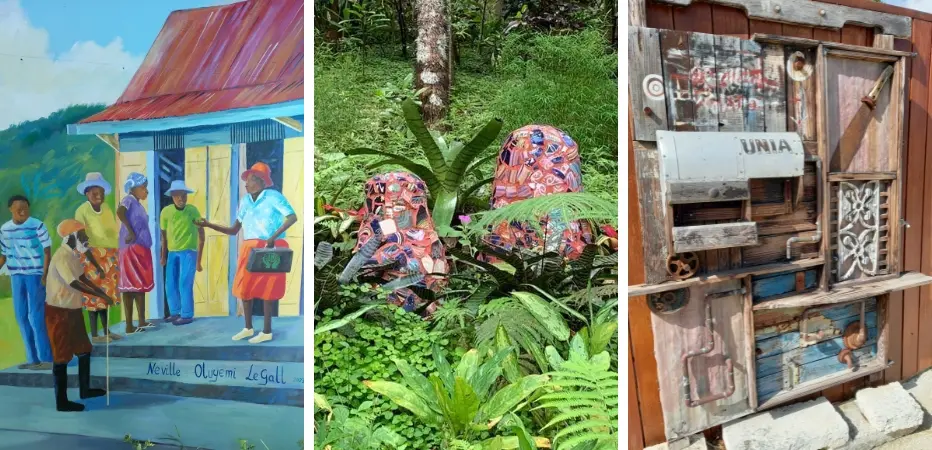 Examples of artistic surprises across the island - a mural, ceramic sculptures, and art installation