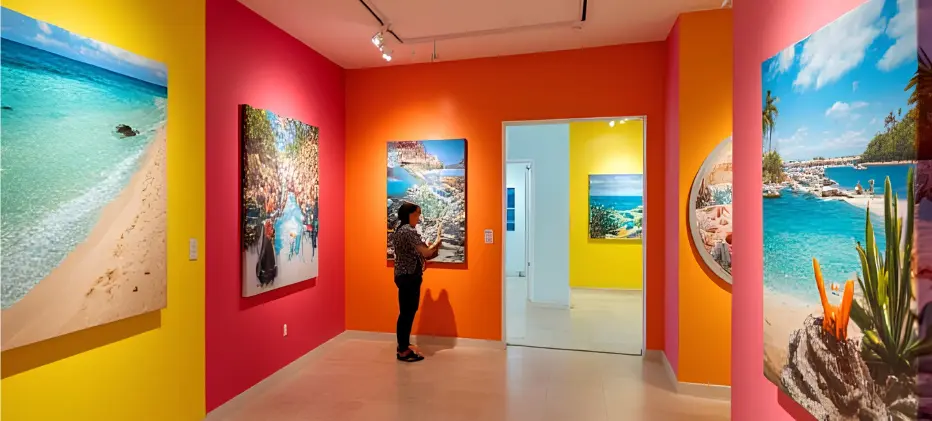 Paintings of Caribbean scenes in a colourful art gallery