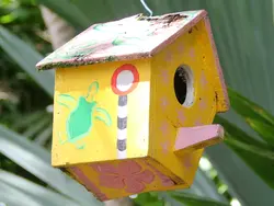Bright yellow bird house at Tropical Garden