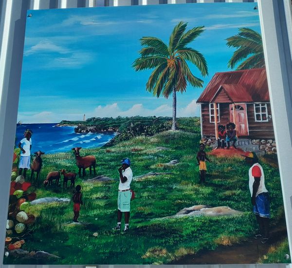 Artwork showcasing elements of rural Barbados including a chattel house and black belly sheep.