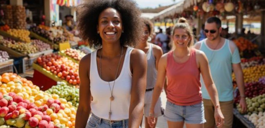 A local tour guide leads visitors on a food tour in Barbados.