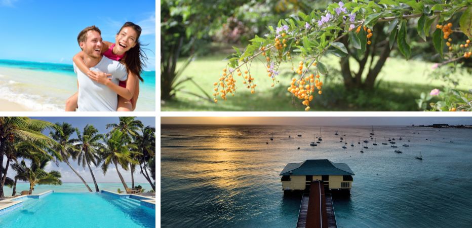 Happy couple on the beach, tropical gardens, infinity pool, and sunset.
