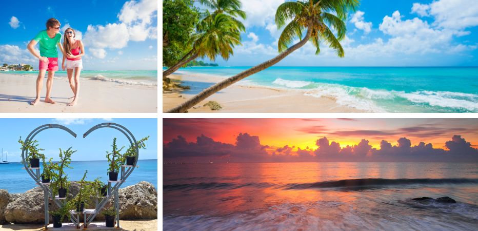 Romantic scenes across Barbados - happy couple, tropical beach, stunning sunset, and heart sculpture