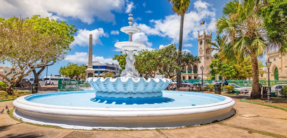 Panoramic view of historic Bridgetown, Barbados with Parliament Buildings, cenotaph and fountain.