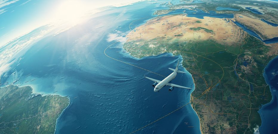 Illustrative map of a plane flying between West Africa and the Caribbean