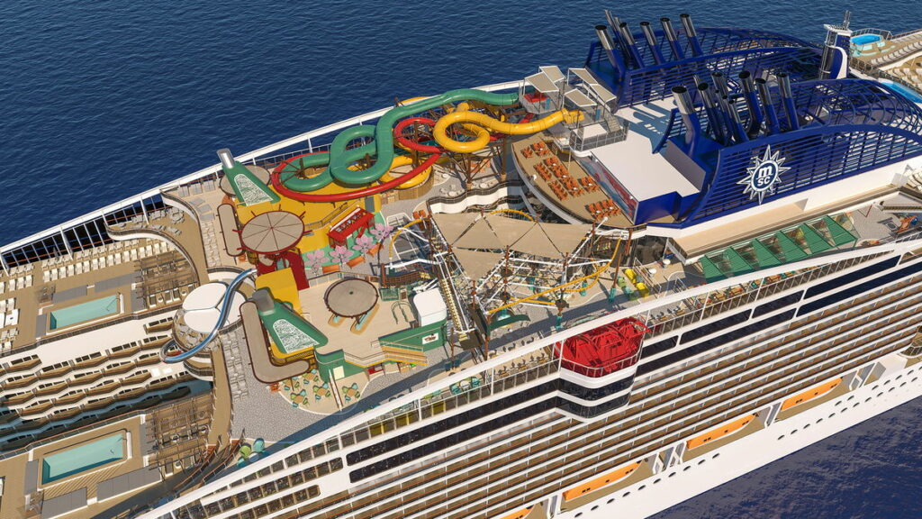 Aerial view of the deck of the MSC  World Asia cruise ship