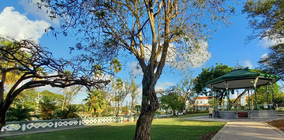 The bandstand and foliage within the park.