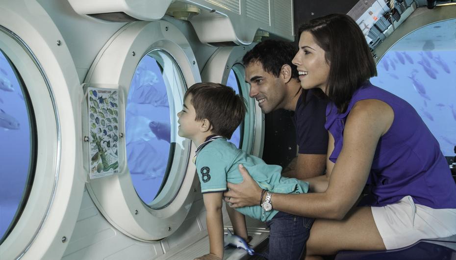 Mum, dad and little boy in the submarine looking at marine life through the viewing portholes.