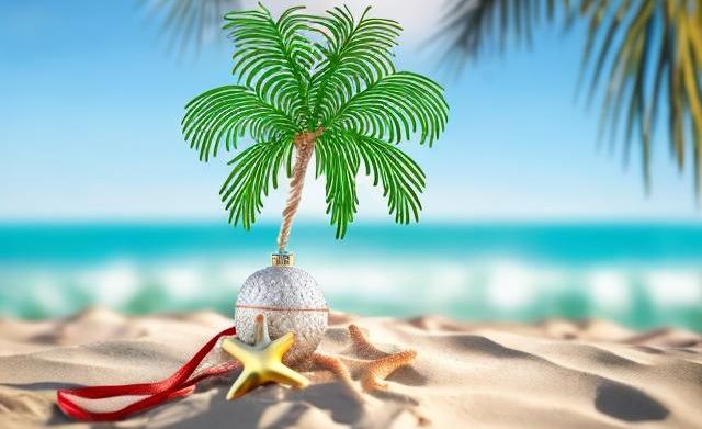 A tropical Christmas ornament with palm tree and starfish sitting on a sandy beach.