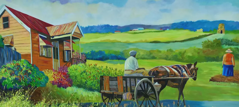 Painting of a Barbados country scene with chattle house and donkey cart