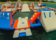 Jumps and slides in the inflatable aqua park