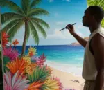 An artist stands with brush in hand in front of a colourful canvas