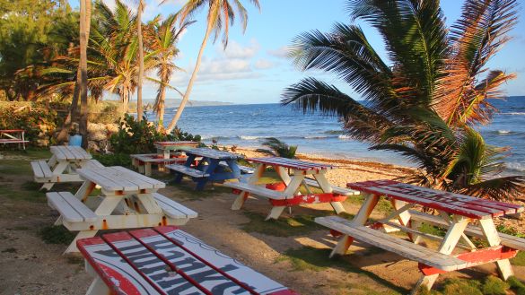 Picnic tables at Bay Tavern restaurant