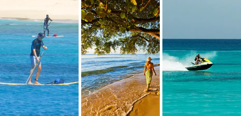 Two guys paddle boarding, a lady walking the beach, and a young man enjoying a jetski ride