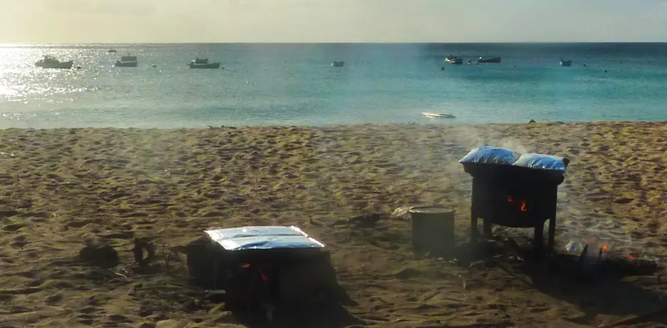 Fresh fish roasting on the beach at Pile Bay on a sunny Sunday afternoon