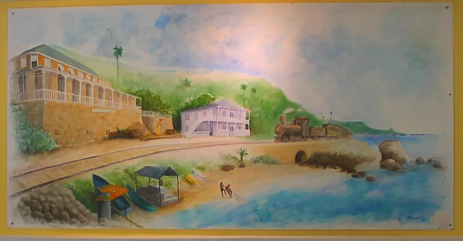 Painting of the train passing by Atlantis Inn