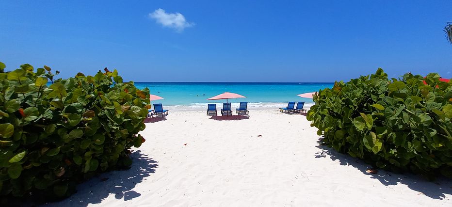 White sands lead towards beach loungers and turquoise ocean