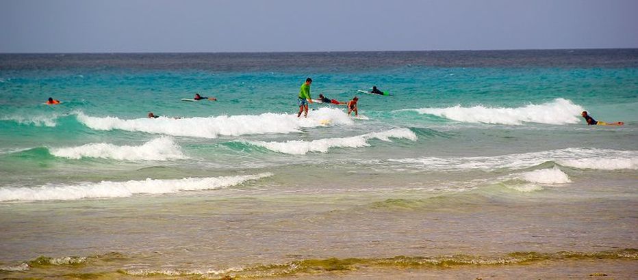 Perfect conditions for beginner surfers Surfing at Drill Hall Beach, Barbados