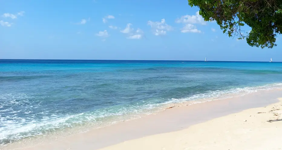 Looking out to sea across golden sands and turquoise waters