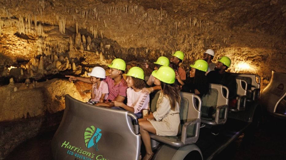 Visitors on an electric tram enjoying views of stalactites and stalagmites in Harrisons Cave