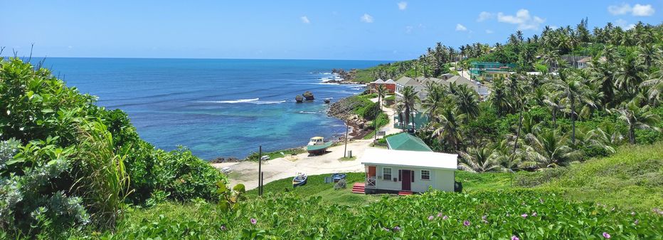 View of Tent Bay overlooking lush vegetation towards a small fishing village and calm ocean