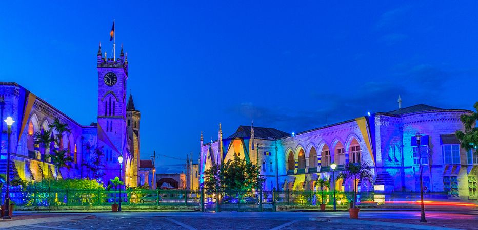 Barbados parliament lit in Independence colours at night