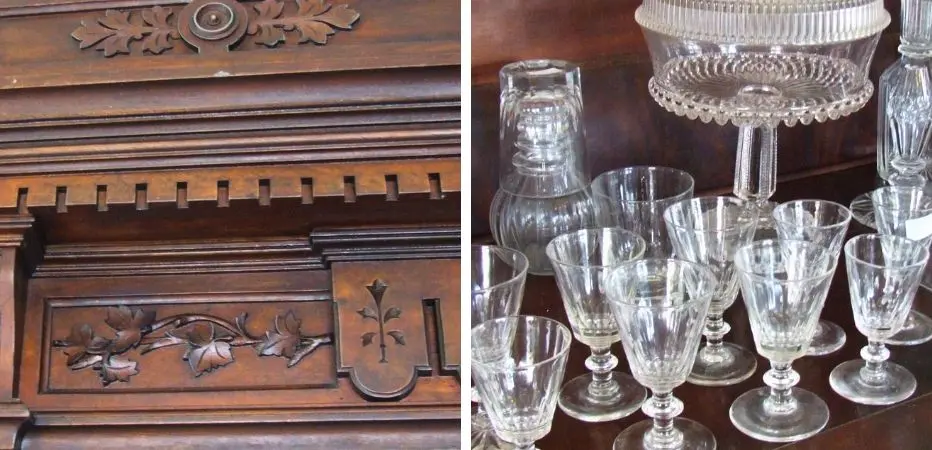 Carved mahogany and crystal glassware