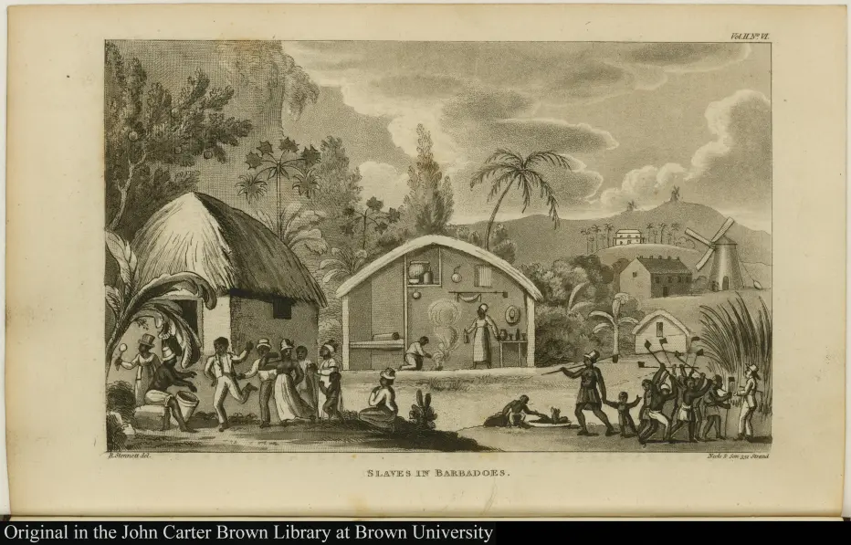 View of slaves at work on a sugar plantation.