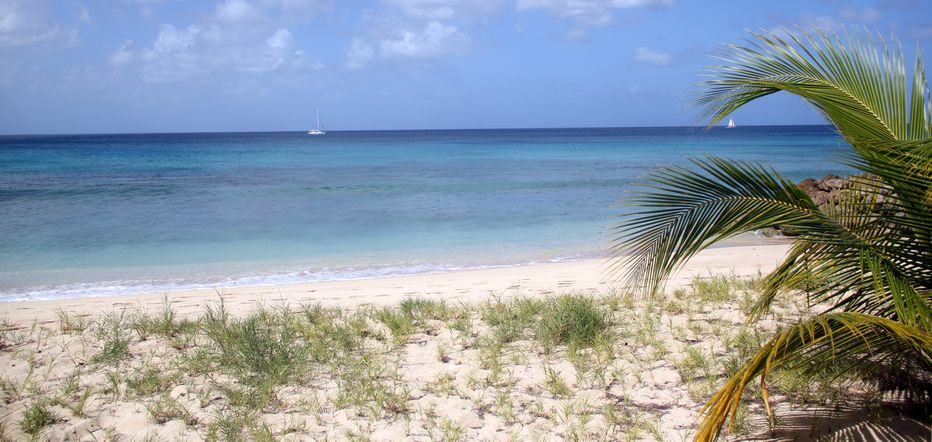 Looking across sandy shores out to turquoise waters as catamarans sail up the coast