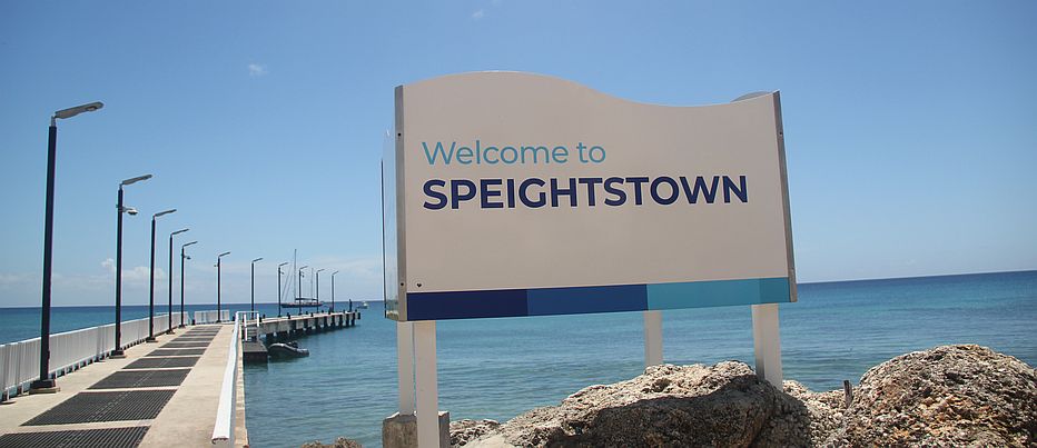 Speightstown jetty with Welcome To Speightstown sign