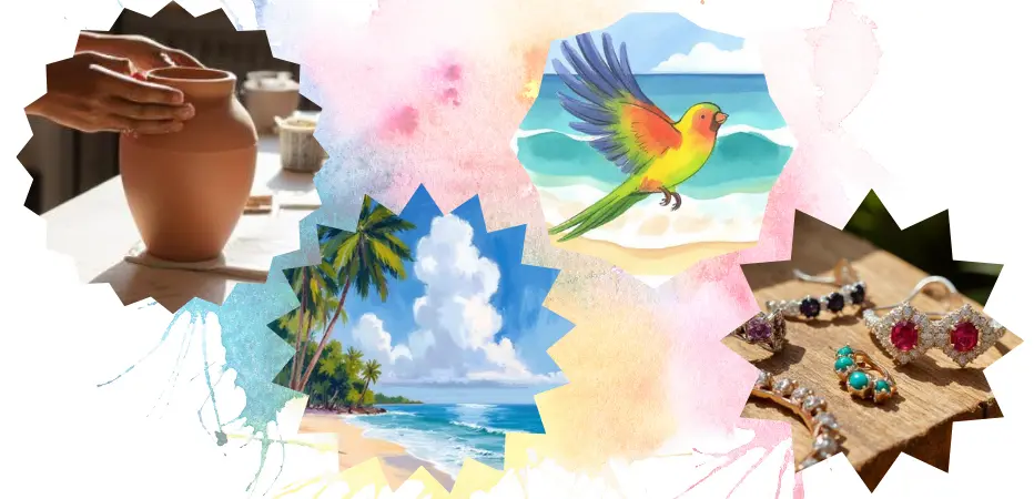 A selection of Barbados art and craft - pottery, painting, drawing and jewellery
